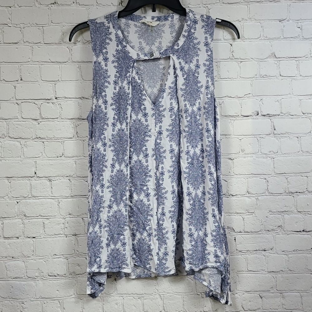 Entro Blue White Baroque Tunic Tank Choker Keyhole Hi Low Boho Blouse Medium UO - Picture 2 of 10